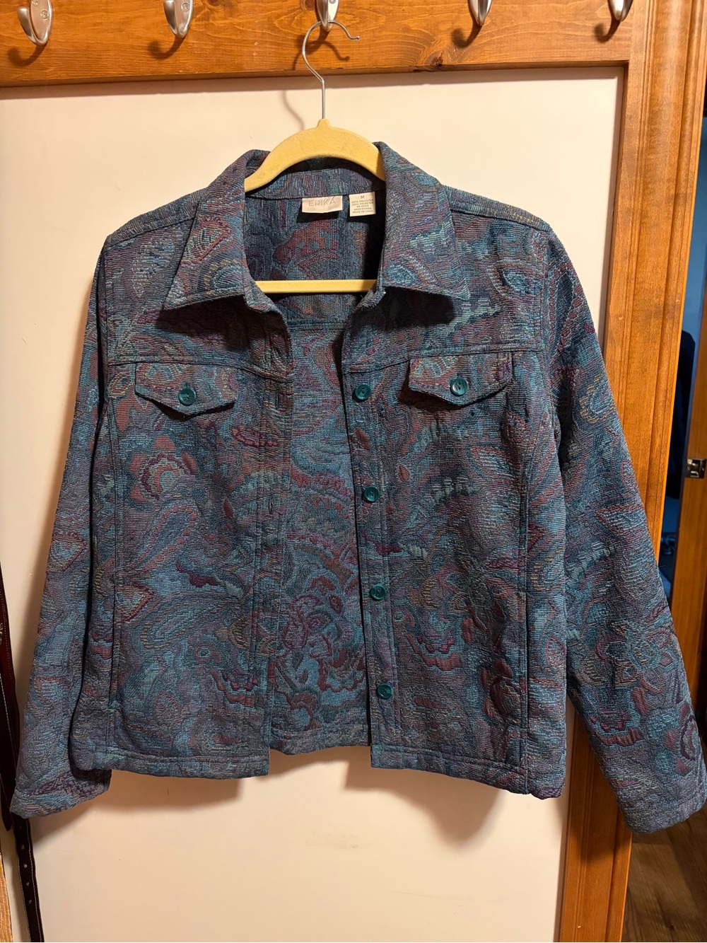 Erika Paisley Tapestry Button-Front Jacket in Teal & Maroon